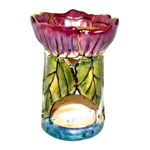 Blue Sky Floral Tea Light Holder Cottage Core Hand-Painted Signed Goldminc  Vint